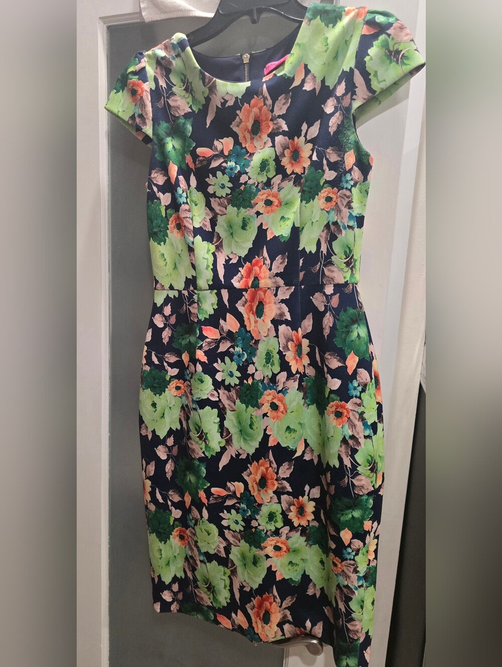 Betsey Johnson Green Multicolor Floral Midi Pencil-Bodycon Dress,Cap Sleeves,S:4